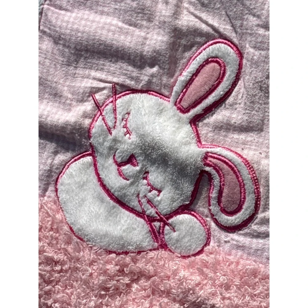 Handmade Pink Gingham Bunny Patchwork Baby Quilt Floral Embroidered Blanket